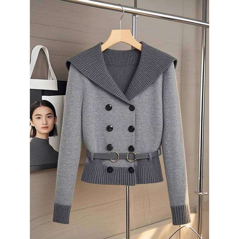 Women's Clothing Temperament Double Breasted Loose Knitted Cardigan Autumn Winter Fashion Thick Turn-down Collar Sweaters