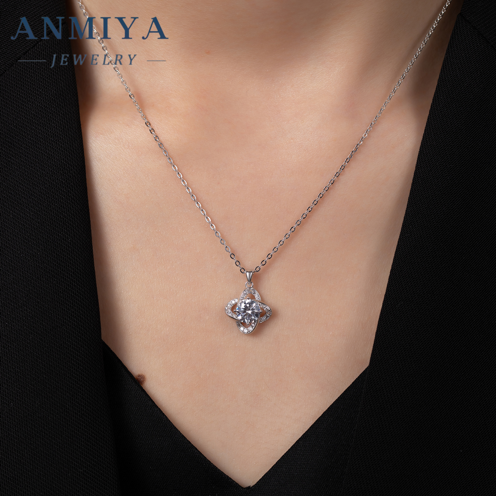 New Style Unique Four Leaf Clover Shine S925 Silver Rhodium Plated Necklace Earrings Set Jewelry for Ladies Women