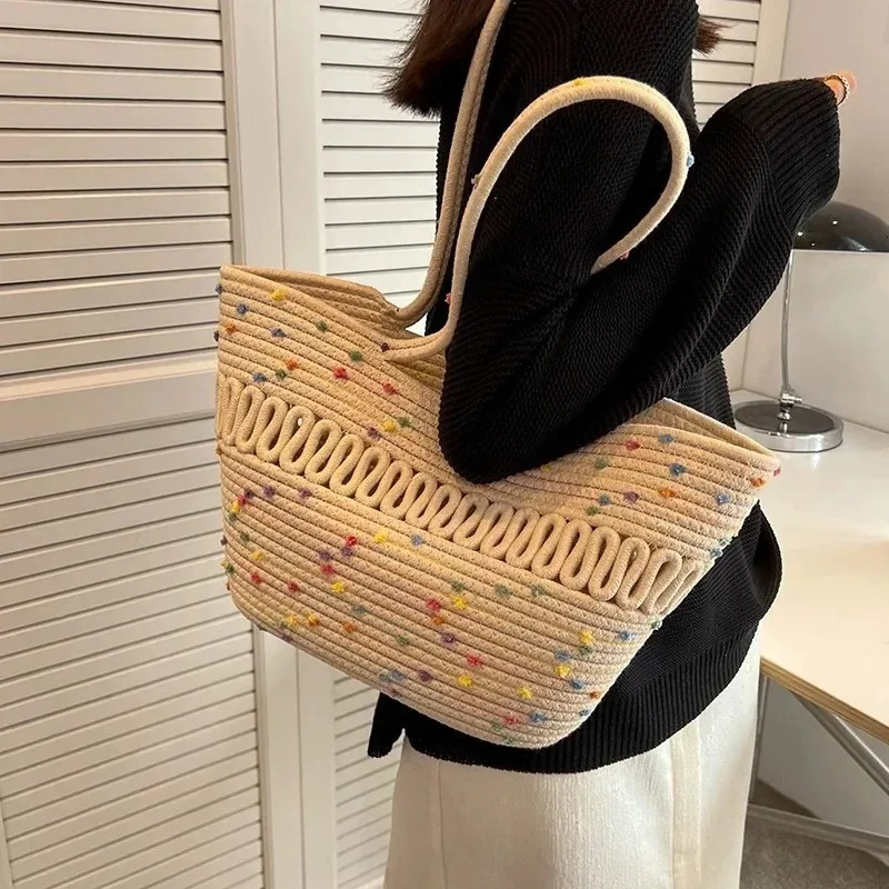 1pc Knitting Fabric Handbag Durable Straw Large Capacity Beach Bag Shoulder WomenCapacity Womens Summer Bags 250605