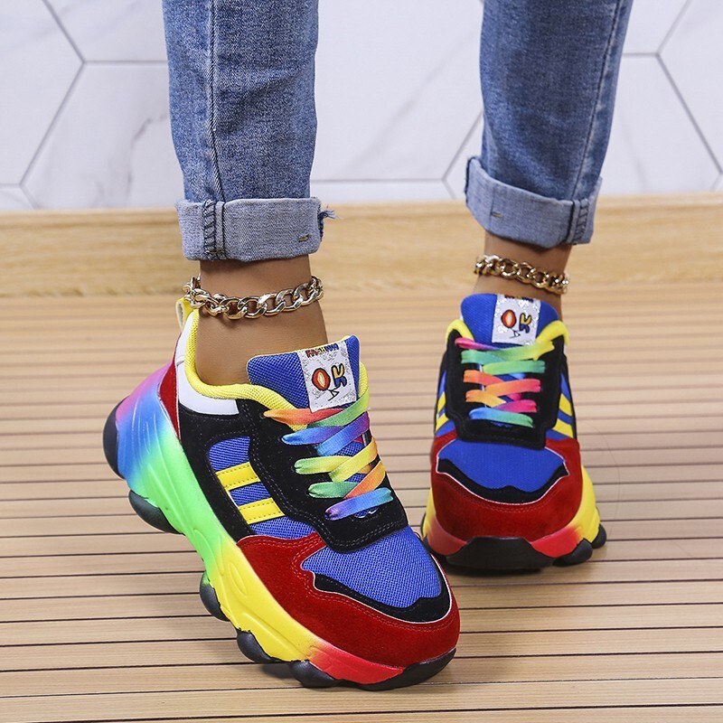 Plus Size Rainbow Casual Shoes Sole Fashion Lace Up Flyknit Breathable Casual Sports Shoes For Women Ddmysaturn