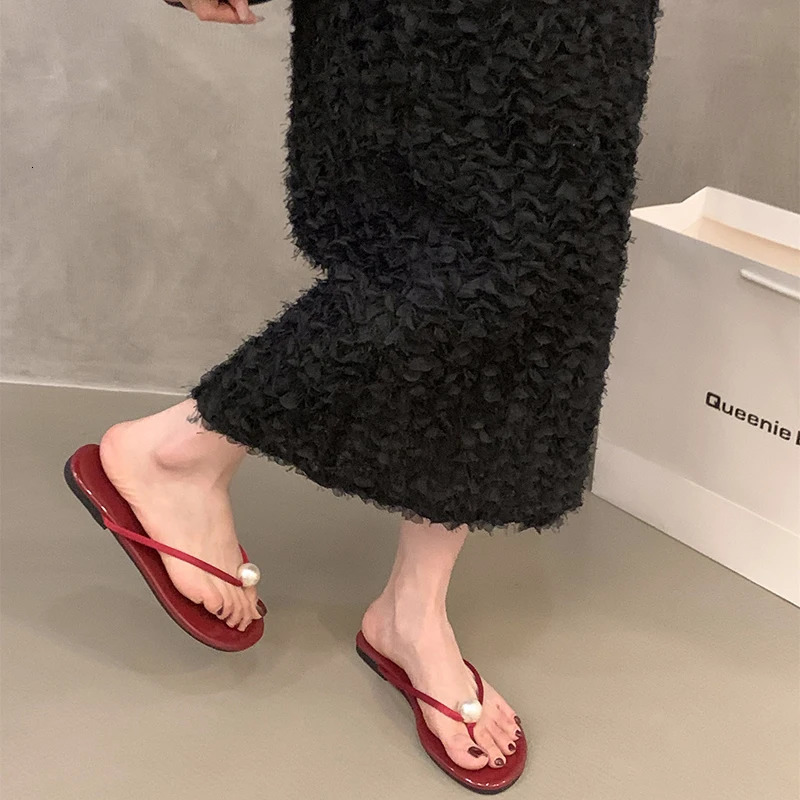 Summer Outdoor Flip Flop Fashion Womens Pearl Clip Toe Flats Slippers Comfort Slides Casual Street Style Shoes 250603