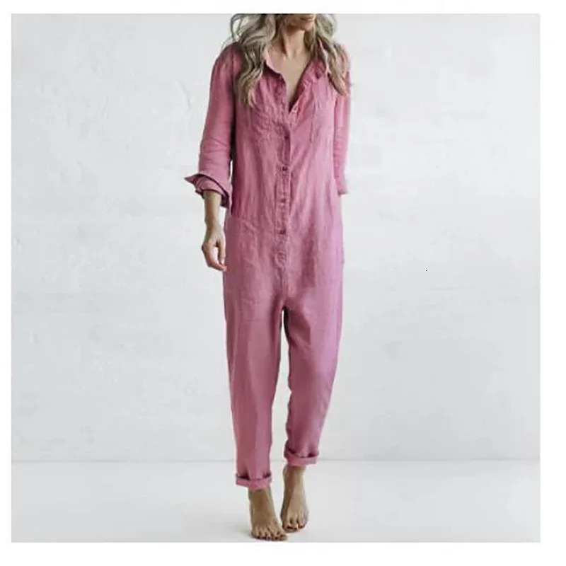 Cotton Linen Vintage Jumpsuits Women Single Breasted Button Turn-down Collar Long Sleeve Romper Solid Pockets Overalls 250530
