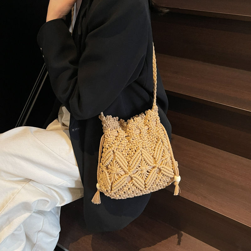 designer Woven Cotton Rope Bag for Women Summer Versatile 2025 New Fashion Niche Design Crossbody Bucket Bag Hollow Be