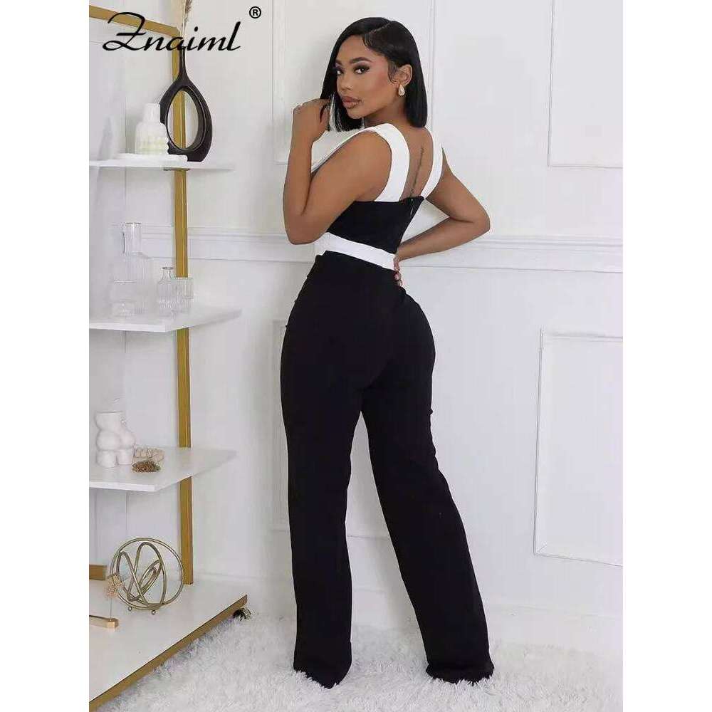 Znaiml Black White Patchwork Wide legs Jumpsuit Women Sleeveless Cut Out Loose Rompers Elegant Evening Party One Pieces Outfits
