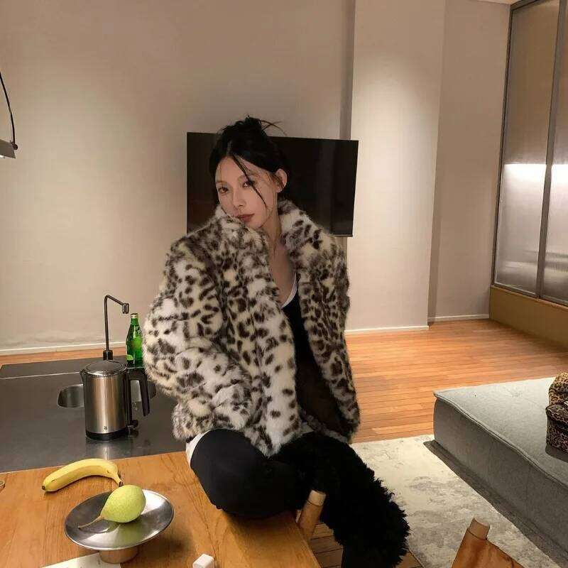 Fashion Leopard Print Faux Fur Coat for Women Turn-down Collar Long Sleeve Chic Jacket Female 2024 Autumn Winter Outwear