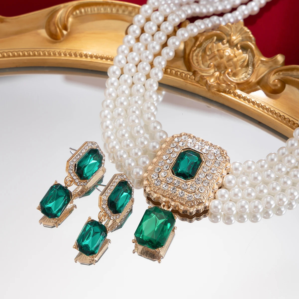 SHIXIN 2Pcs Multilayer Imitation Pearl Choker Necklace Earrings Bridal Green Rhinestone Neck Chain Wedding Jewelry Set 250618