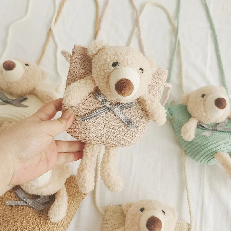 Cartoon Bear Crossbody Bags for Girls Straw Woven Shoulder Bag Princess Kids Messenger Mini Coin Purse Summer Beach Handbag 250605