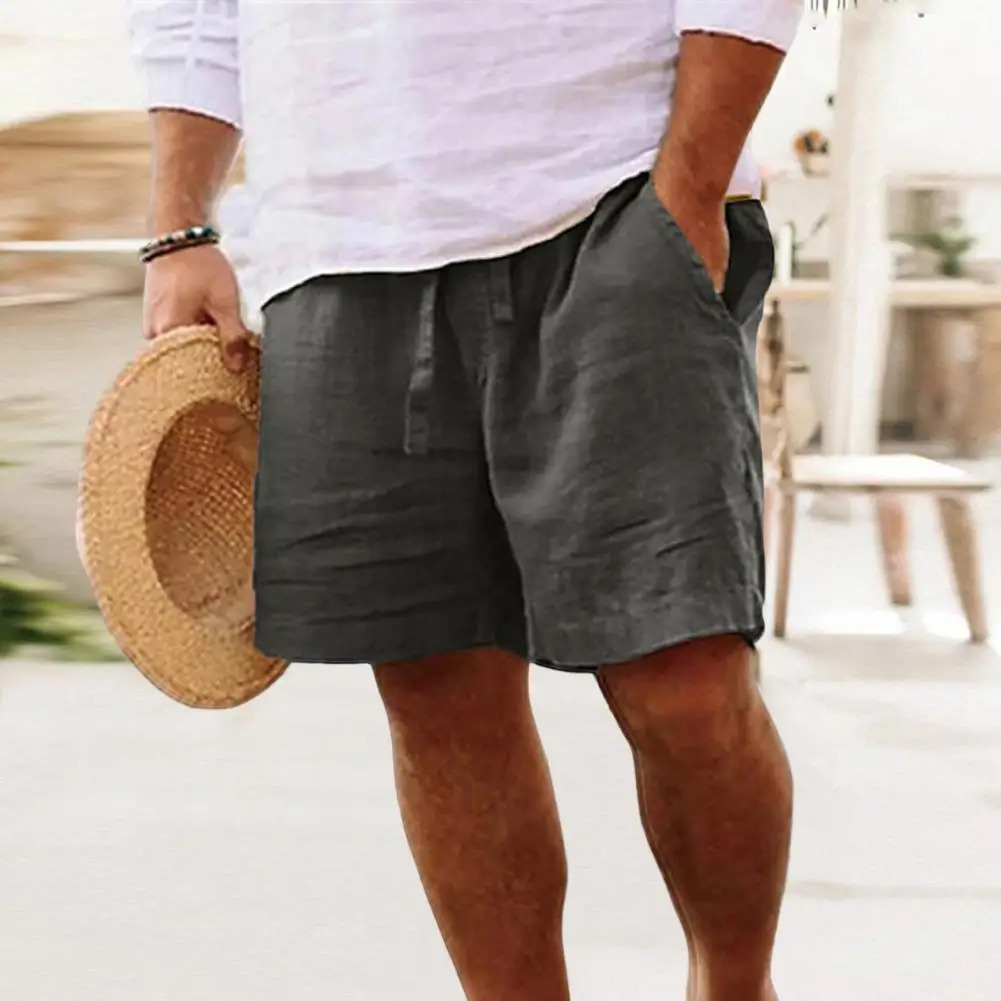 Mid-Rise Elastic Waist Drawstring Men Shorts Pockets Straight Wide Leg Knee Length Short Pants Solid Color Loose Beach Shorts 250605