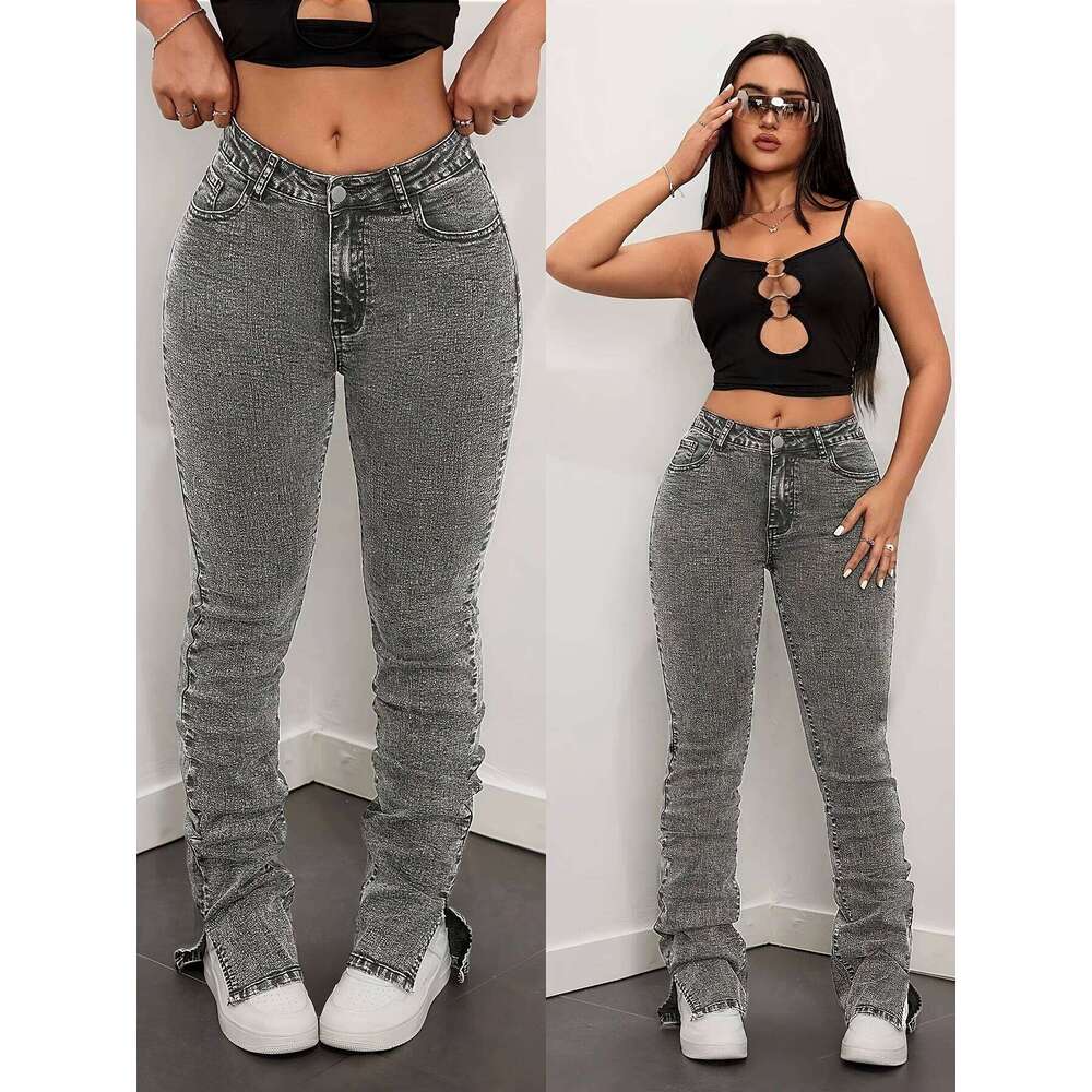 Gray Long Slit Slim Jeans Adjustable Pleats Stacked Personalized Fashion Casual High Waist Stretch Women's Versa