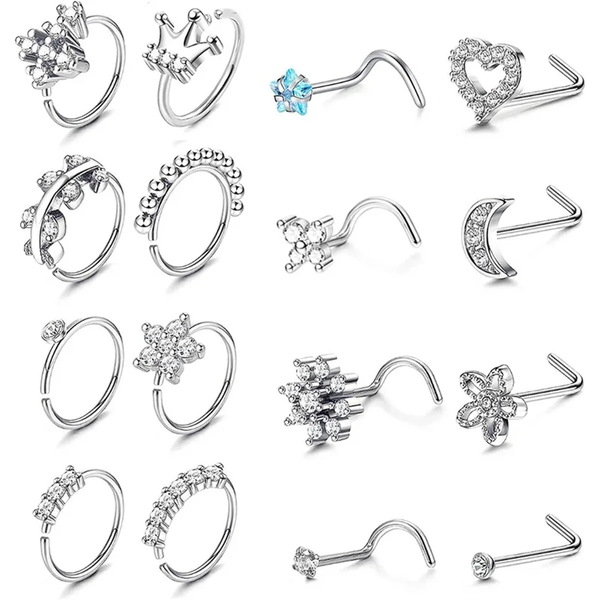 16 Pcs 20G 316 Stainless Steel Hypoallergenic Nose Studs Set 250605