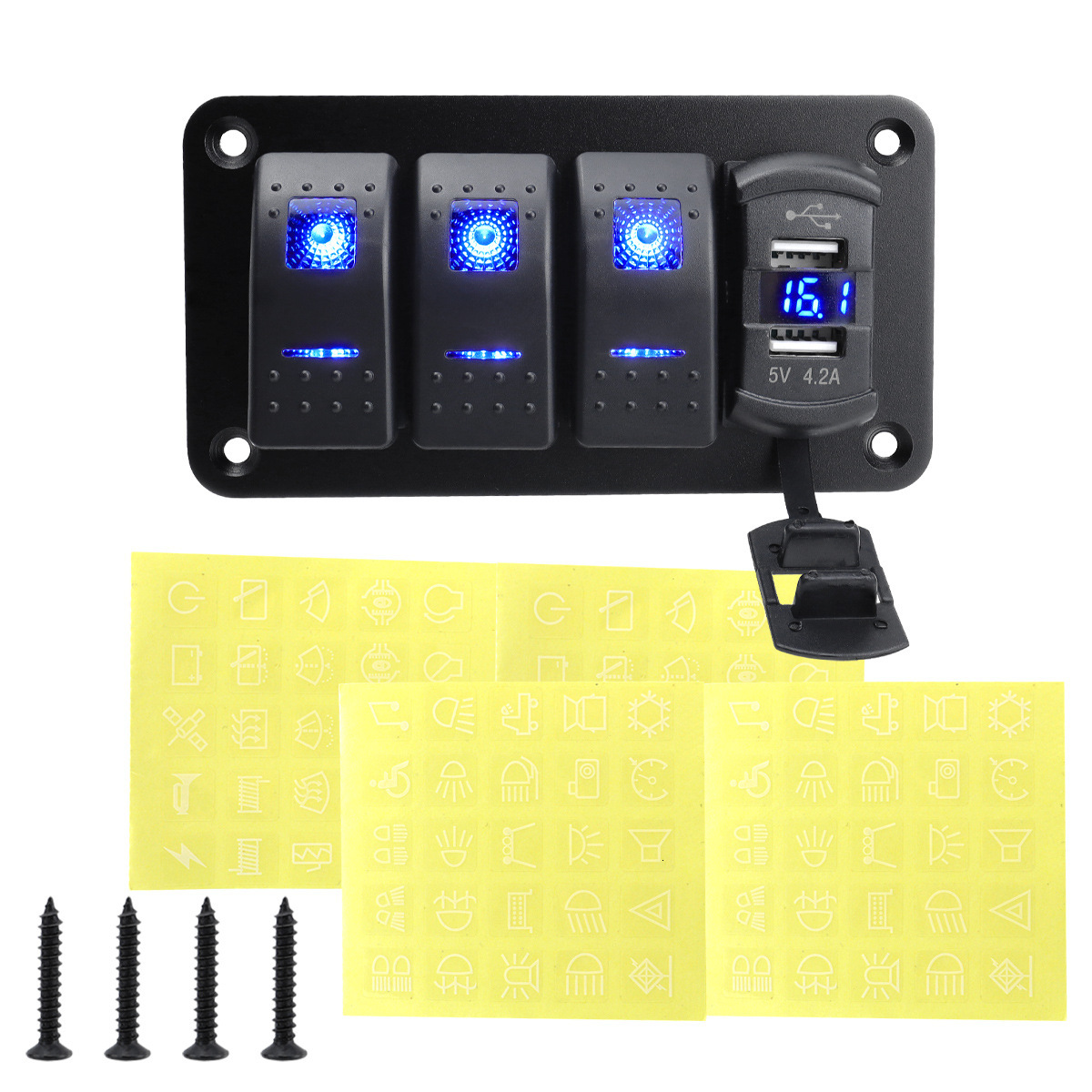 Car Central Control Modification 2+1 Multi-Position Panel Combination 4.2A Dual USB Boat Type Pre-Wired Waterproof Switch