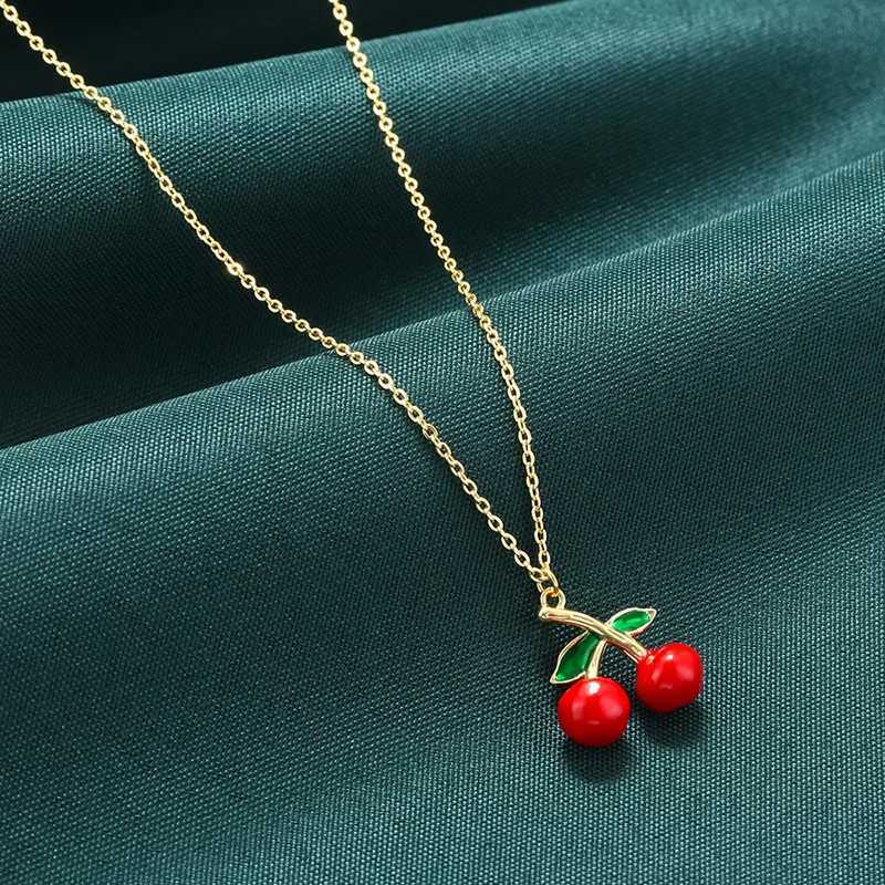 ZHUKOU Copper And Enamel Oil Drip Craft Red Cherry Pendant Necklace For Women Personalized Jewelry Gift VL635 Y250605