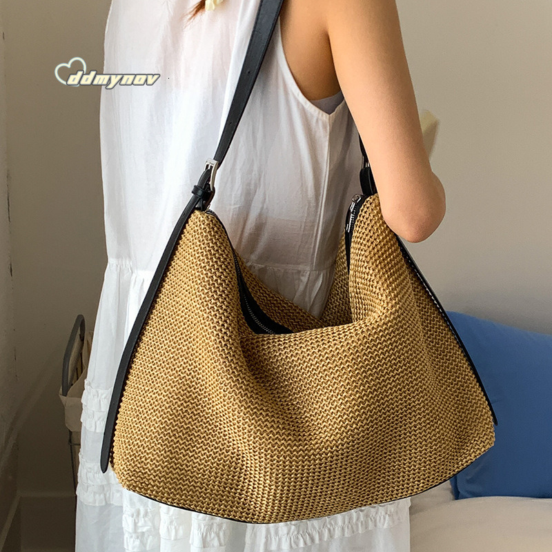 2025 New Woven Tote Straw Korean Style Large Capacity Shoulder Vacation Beach Bag for Women ddmynov