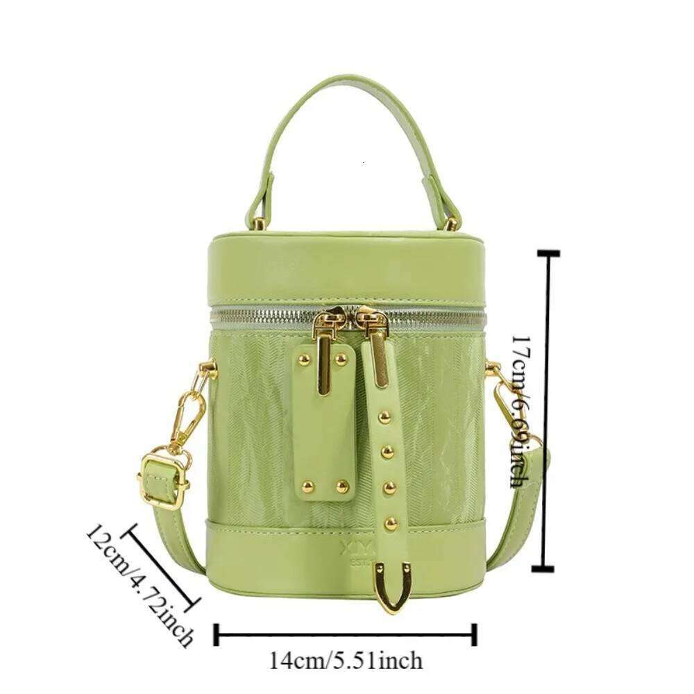 Trendy Pu Leather Women Bucket Vintage Handbag Cylinder Crossbody Solid Color Shoulder Bag Travel