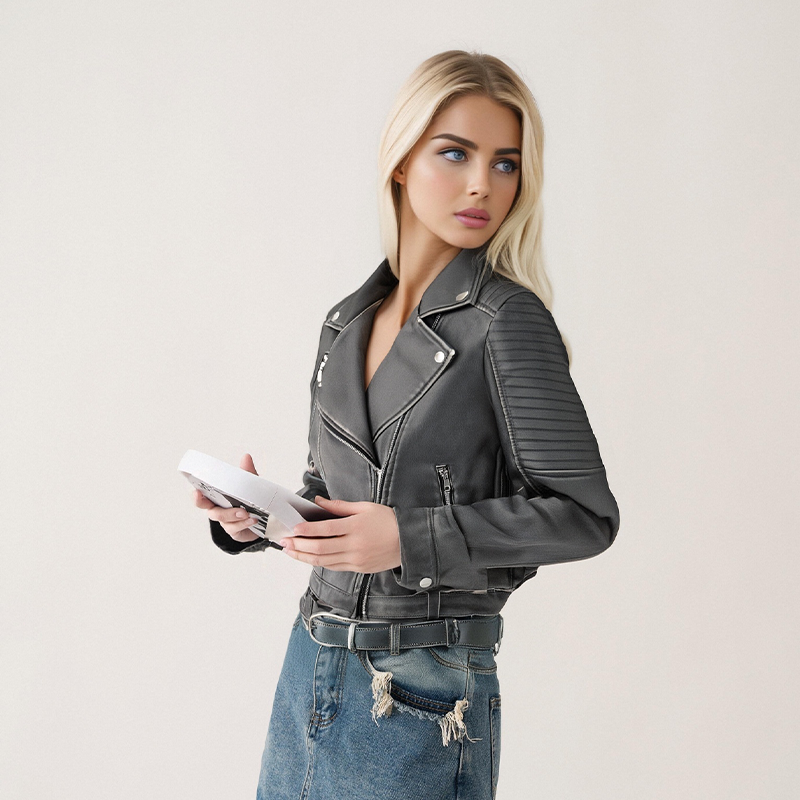 Foreign trade logo cutting design, niche zipper, PU leather jacket, long sleeved jacket, motorcycle short jacket, women's jacket