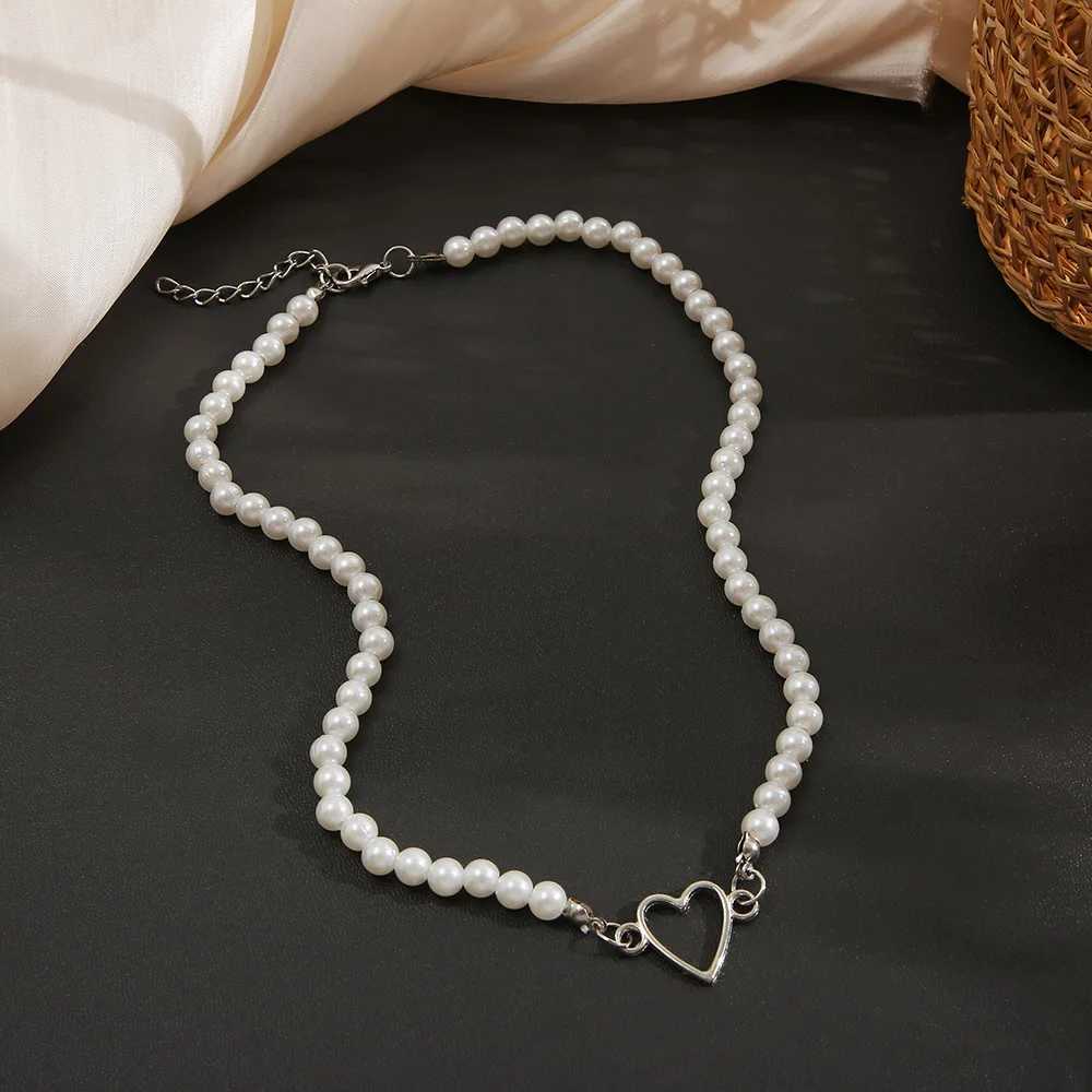 French Vintage Pearl Chain Necklace For Women Fashion Silver Color Lover Heart Choker Simple Women Collar Ladies Jewelry Gift Y250605
