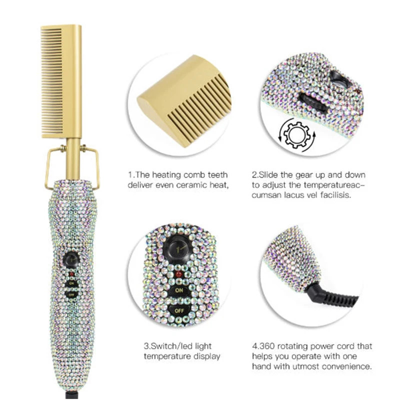 Electric Heating Comb Hair Straightening Rhinestone Comb Curling Iron Heated Brush Peigne Chauffant Cheveux Peigne chaud 250605