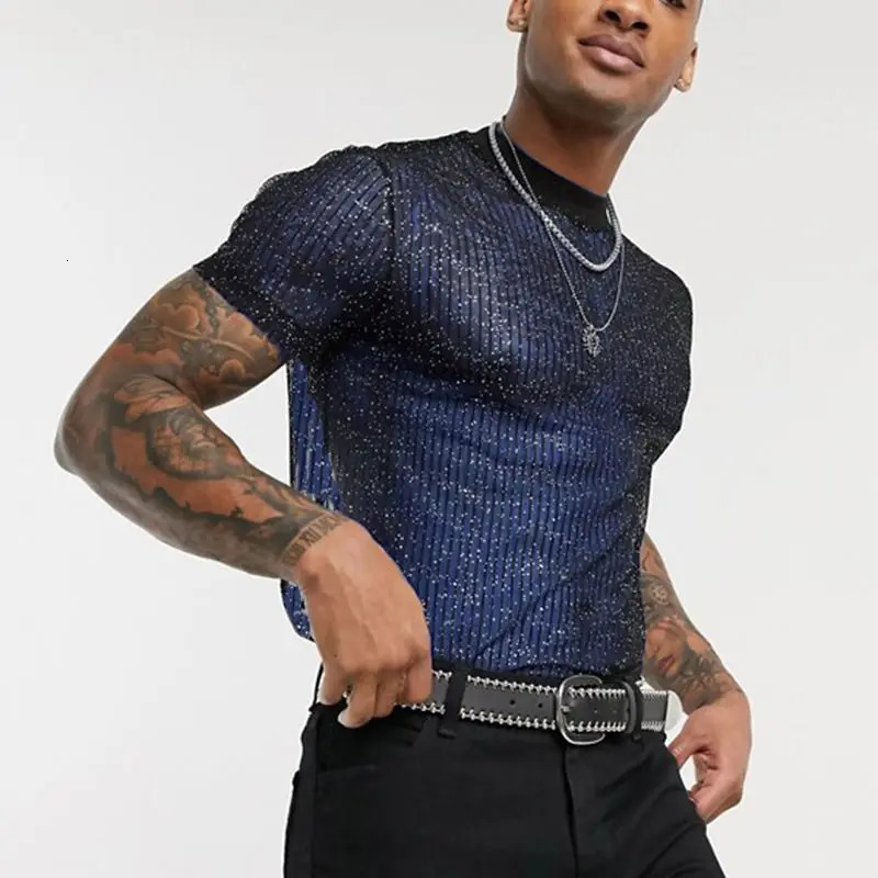 Mens Short Sleeve Mesh T Shirt Sheer Slim Fit Shiny Sexy See-through Party Nightclub Thin Breathable Clothing Leisure Tees 250605
