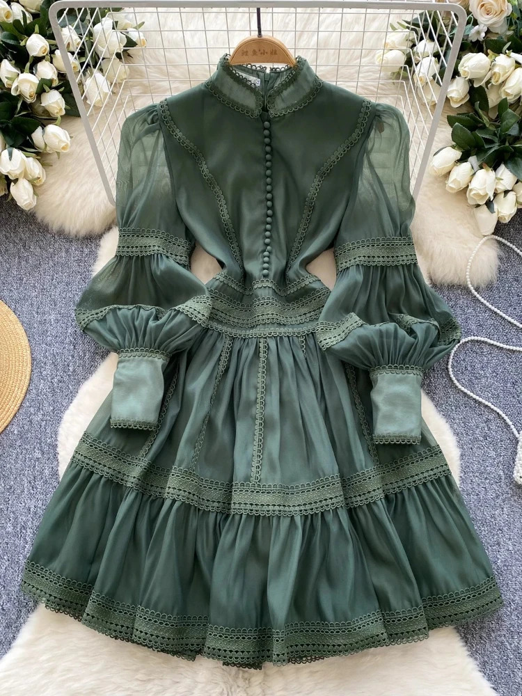 Short Dresses Shirt Women Spring Autumn Single Breasted Stand Collar Embroidered Crochet Formal Occasion Party Vestidos 250605