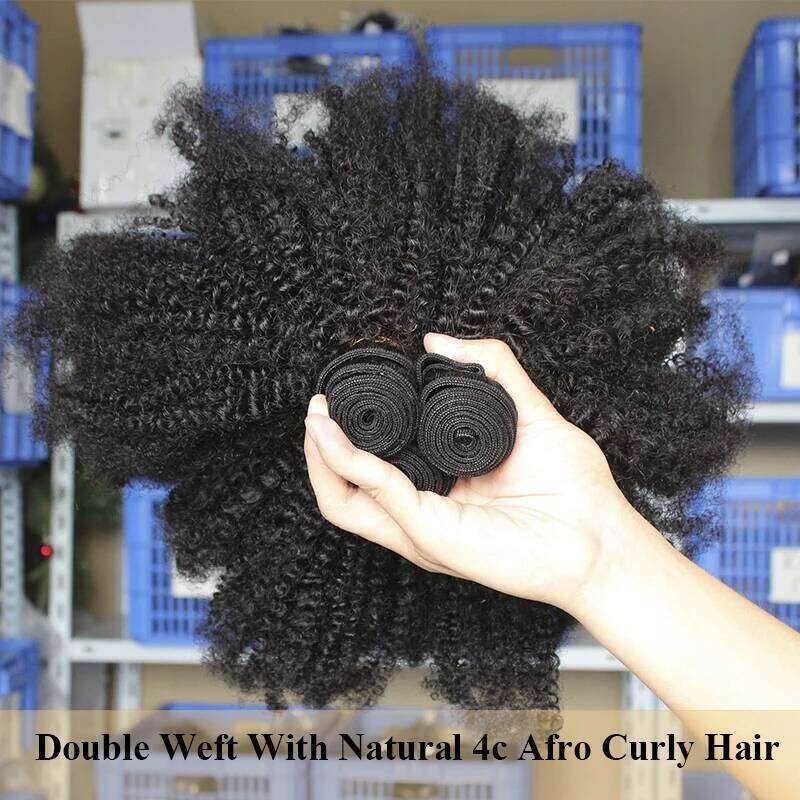 Mongolian Afro Kinky Curly Natural Raw Human Bundles With Closure 4B 4C Extension Weave Weft Hair For Blacks