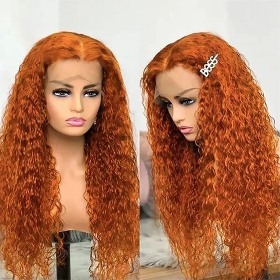 34Inch Curly 13x6 Lace Front Human Hair Wig Ginger Orange Brazilian Wigs Pre Plucked and Transparent Lace Synthetic