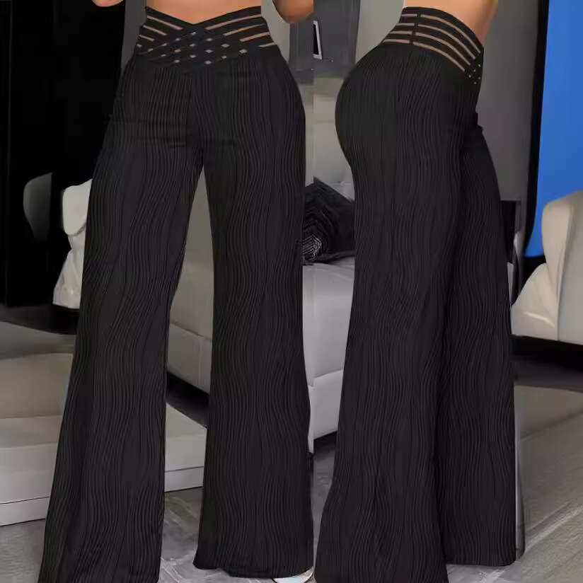 Summer High Waist Casual With Draping Pleats, Hollow Out Water Ripple Wide Leg Pants, Women's Long Pants B5