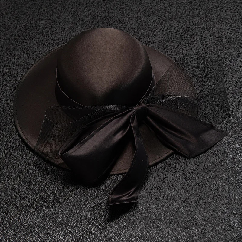 French Bownot Satin Top Hat Women Banquet Fascinator Bride Wedding Black Fedora Hat 250604