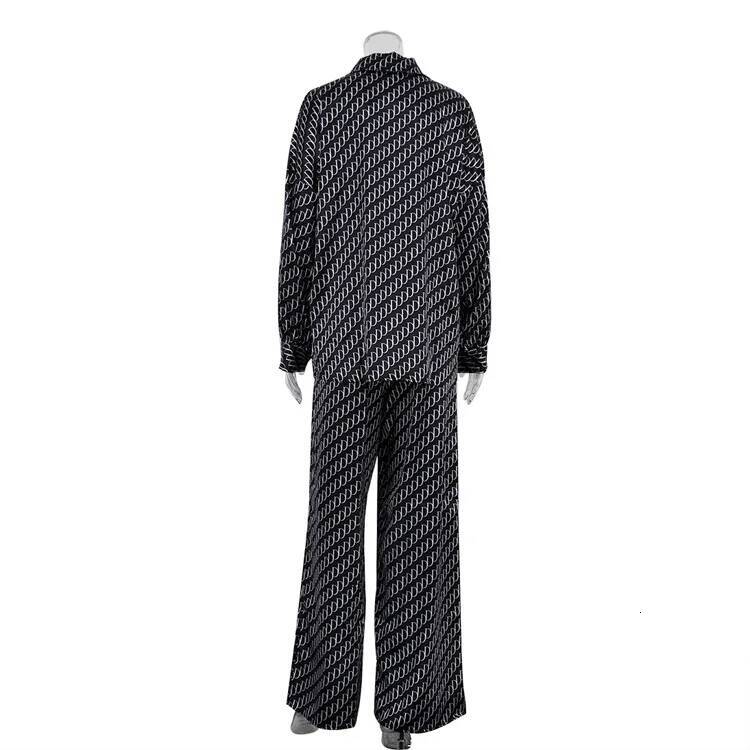 Satin Printed Two-Piece Set 2024 New Summer Long Sleeve Shirts For Women Suits+Wide Leg Pants Vacation Casual Fashion Sets Lady