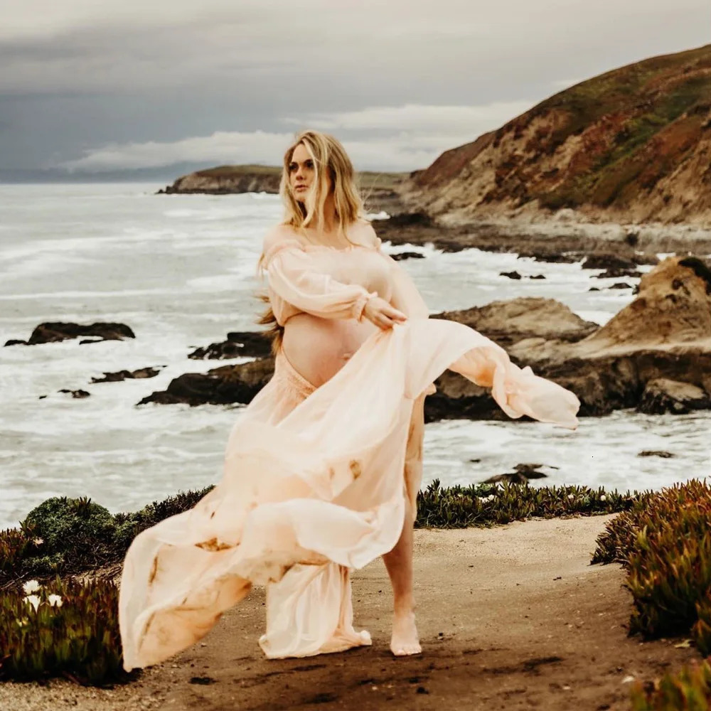 Maternity Dresses for Baby Showers Chiffon One Shoulder Lace Long Sleeve Two Piece Dress Bohemian Po Shooting Pregnancy Dress 250530