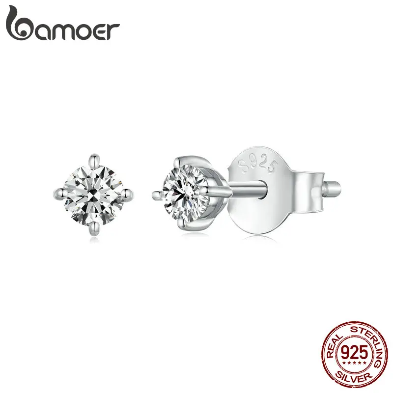 Bamoer Diamond 925 Sterling Silver Simple Round Moissanite Stud Earrings for Men Women Classic Engagement Certified Fine Jewelry Gift Romantic MSE038