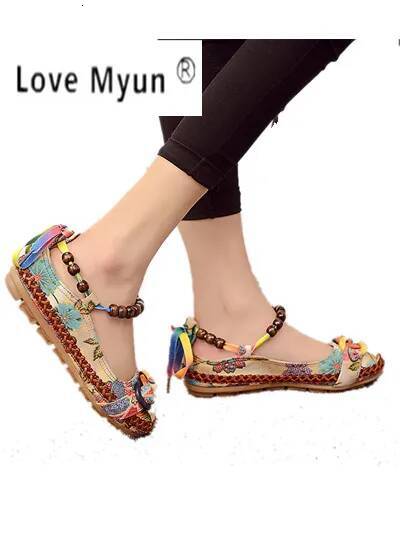 Ddmyoutdoor Plus Size Casual Flat Women Flats Handmade Beaded Ankle Straps Loafers Zapatos Mujer Retro Ethnic Embroidered Shoes Outdoor Shoes