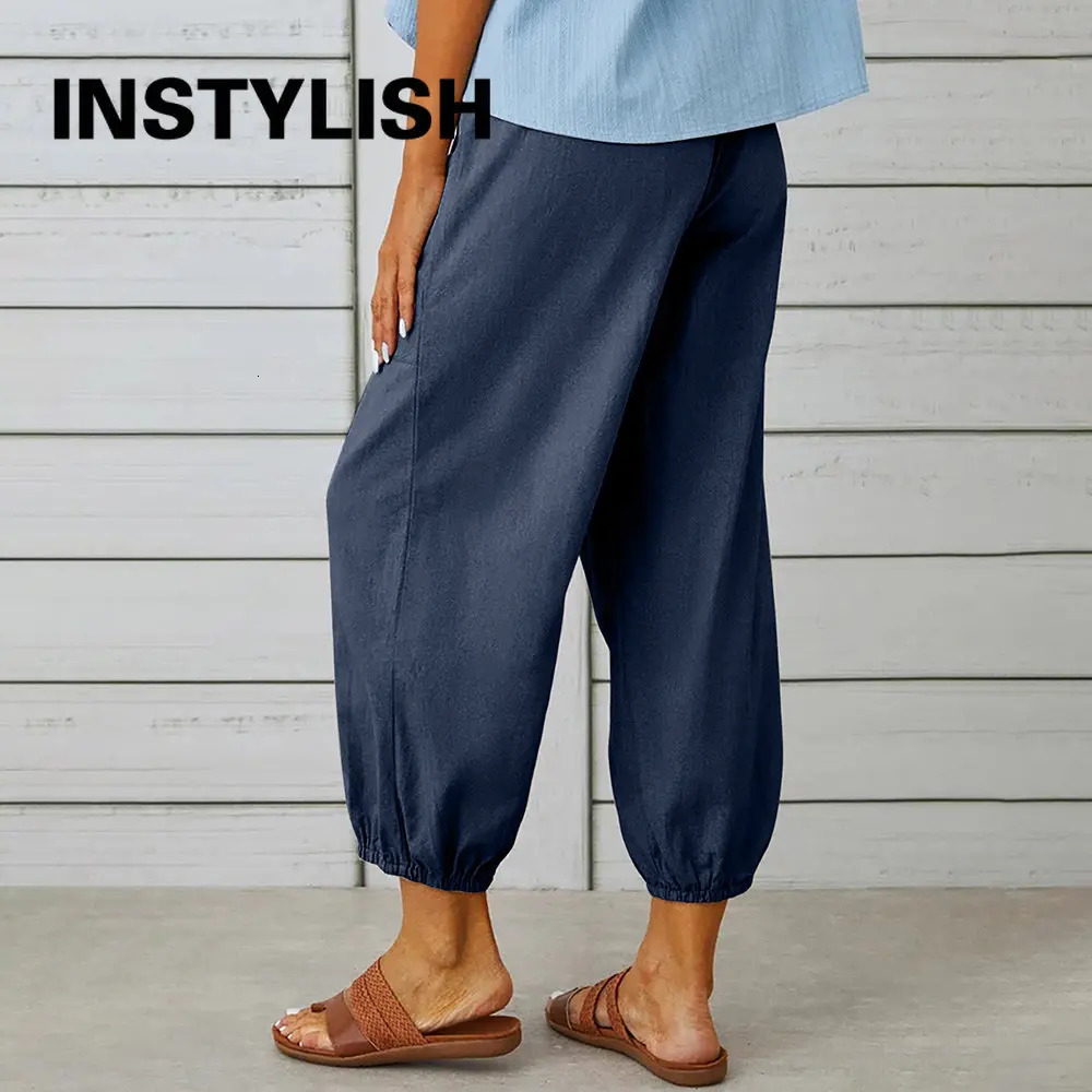Women Cotton Linen Pants Autumn Solid Color Elastic Waist Loose Straight Trousers Female Harajuku High Waist Wide Leg Pants 250605
