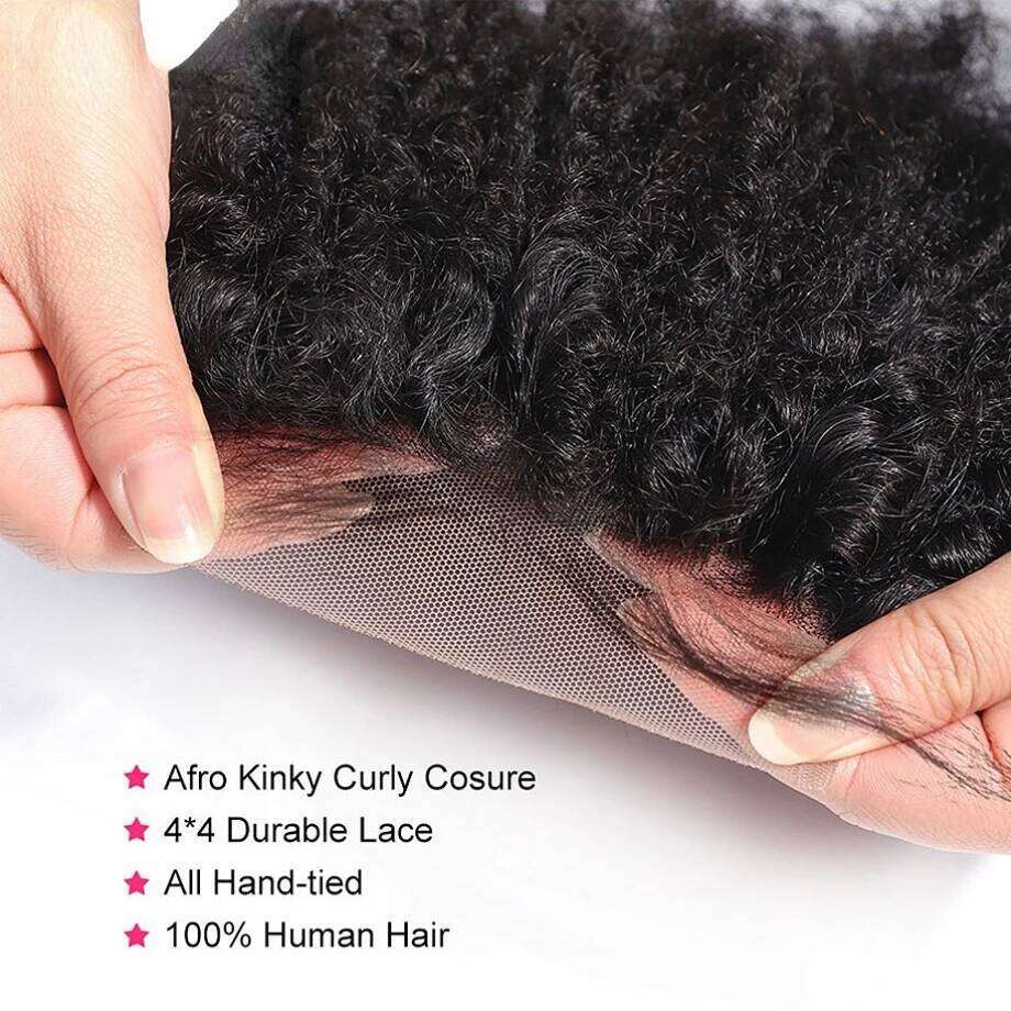 Mongolian Kinky Human Bundles With African Natural Fluffy Hair Extensions 4x4 Lace Closure 4B 4C Tissage Afro