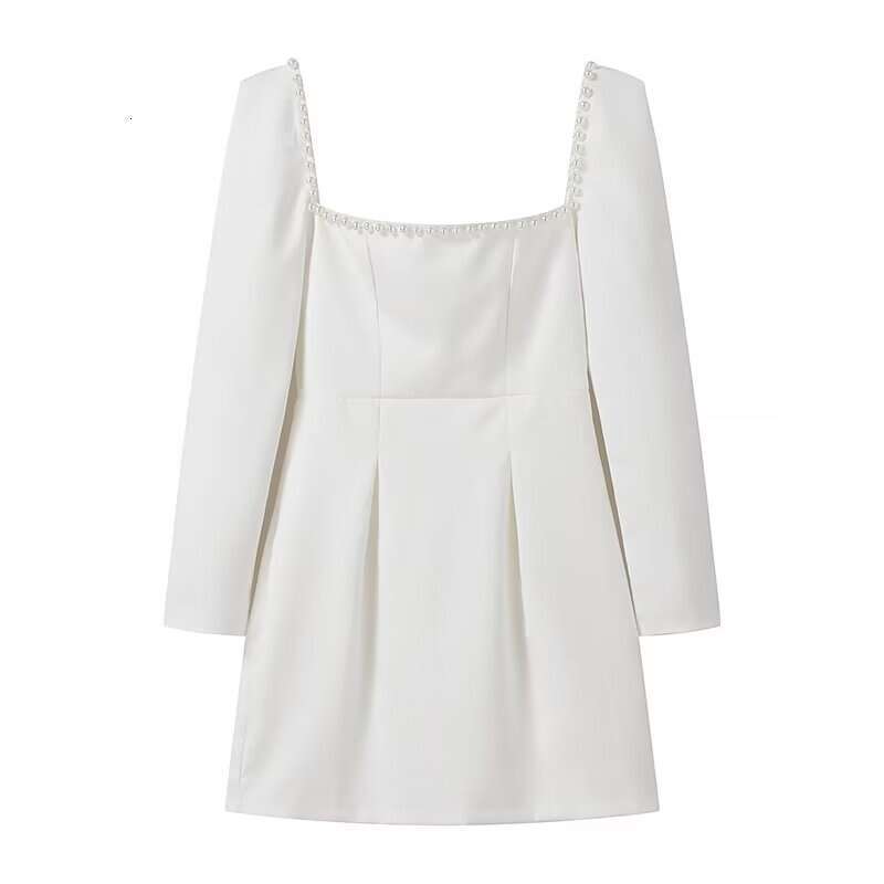 Women's Winter New Style Square Neck Beaded Waist-Cinching Short A-Line Dress B5