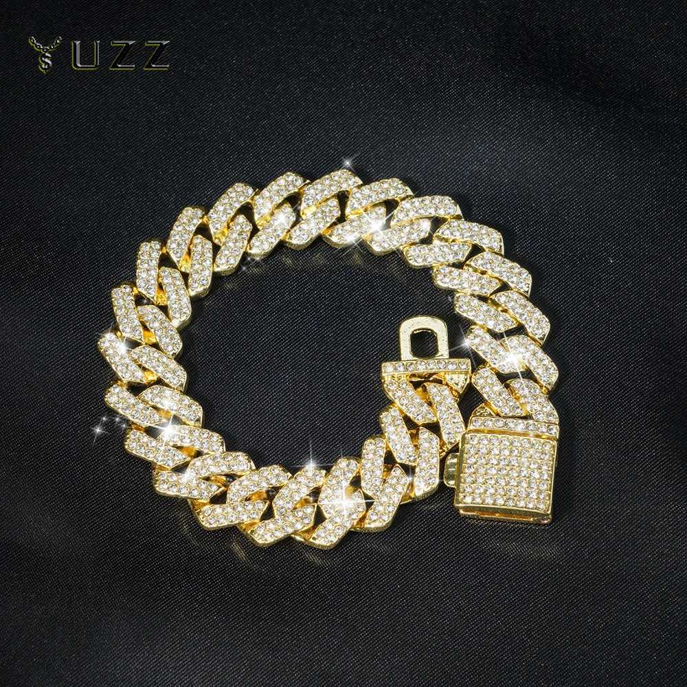 Hip Hop 15mm Cuban Link Chain Bracelet for Men Silver Color Iced Out Rhinestone Miami Bracelets Punk Women with Box Clasp Gift W250606