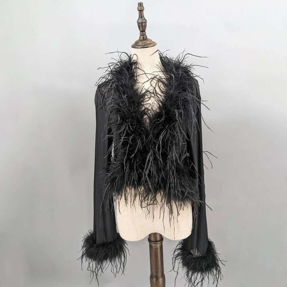 See-through clothing with real Ostrich feather collar and cuffs sex club cropped jacket top bolero