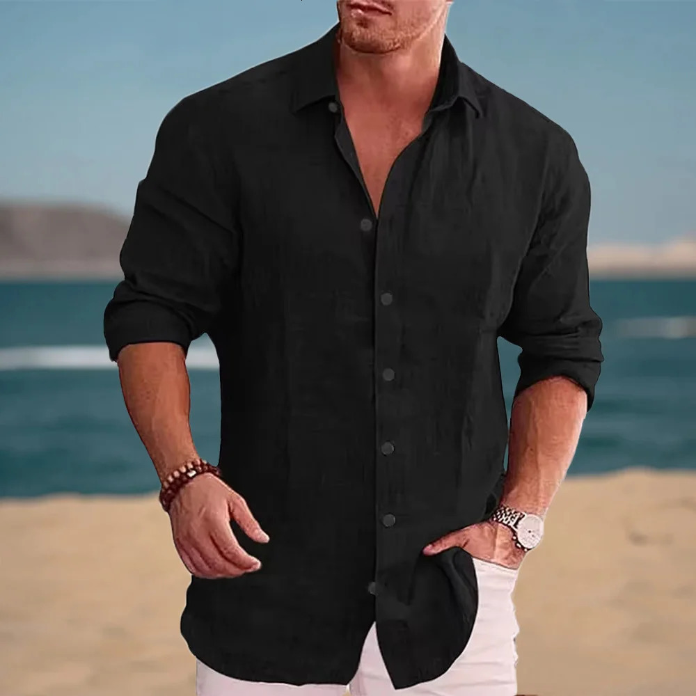 Autumn Mens Long Sleeve Shirt Cotton Linen Breathable Solid Color Casual Style Plus Size Dailywear Mens Linen Shirt 250530