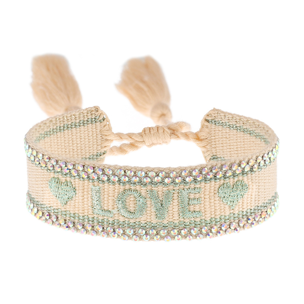 Handmade Rhinestone Braided Bracelet Embroidered Letter Couple Friendship Fringe Wristband Jewelry