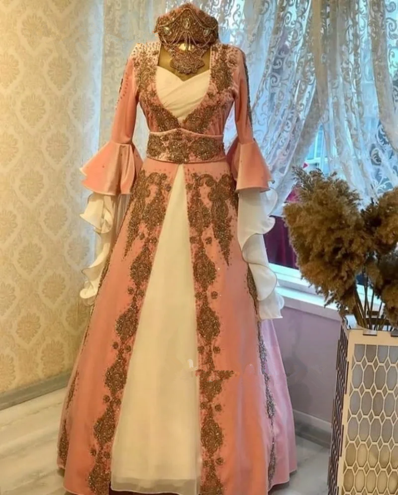Moroccan Caftan Pink Prom Dress With Flare Sleeves Floor Length velvet Elegant Arabic Kaftan Formal evening Party Gown Customized