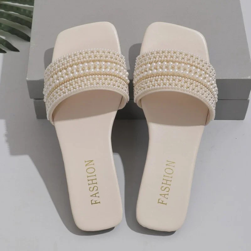 Women Pearl Slippers Summer Flats Square Toe Slides Sandals Woman Non Slip Beach Flip Flops Big Size Zapatillas De Mujer 250603