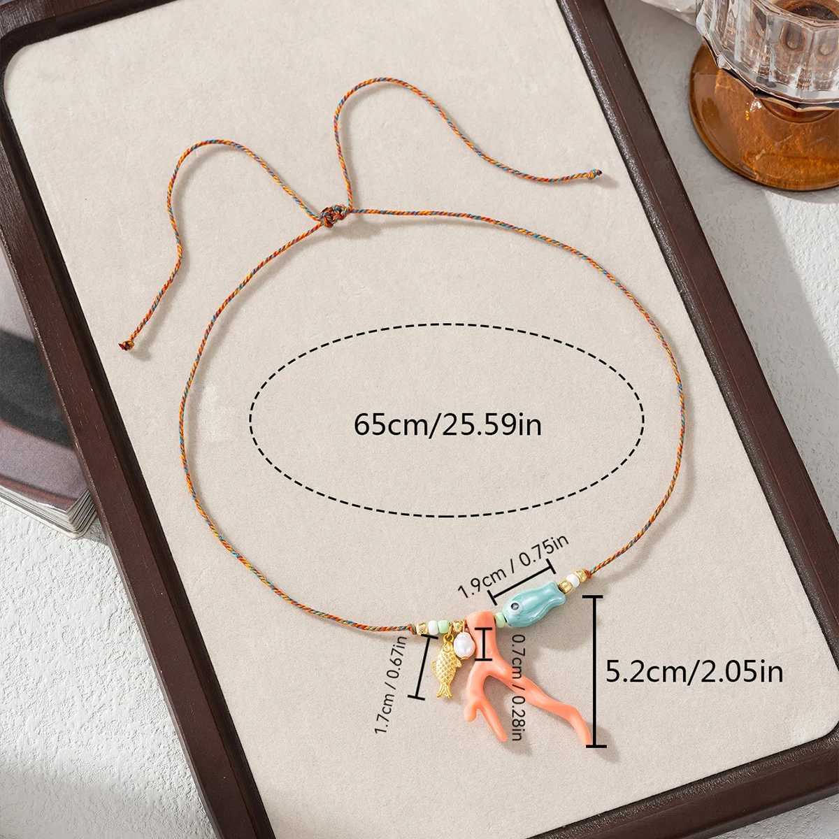 Funky Charm Ocean Resin Imitation Coral Glass Bead Fish Pendant Rope Necklace Womens Summer Vacation Beach Party Jewelry Y250605