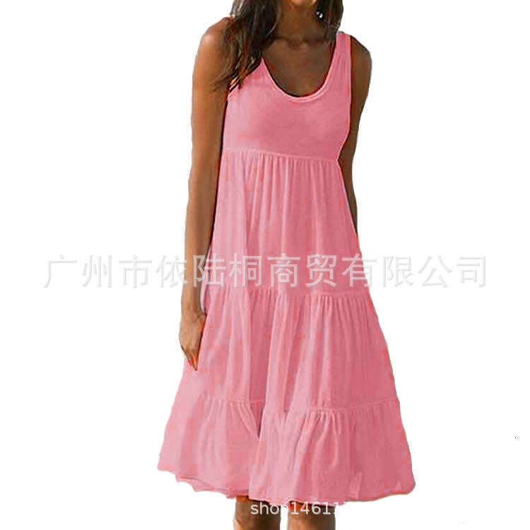 New Women's Fashion 7 Colors 8 Sizes Sleeveless Round Neck Patchwork Flared Beach Dress B5