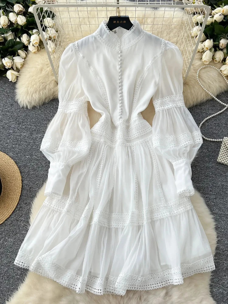 Short Dresses Shirt Women Spring Autumn Single Breasted Stand Collar Embroidered Crochet Formal Occasion Party Vestidos 250605