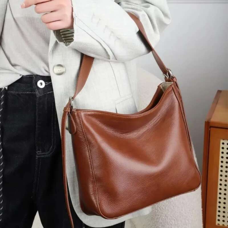 Natural Cow Leather Square Handbag - Crossbody Bucket Style, High-Quality Women's Shoulder Bag, Practical & Luxurious Hobo Bag