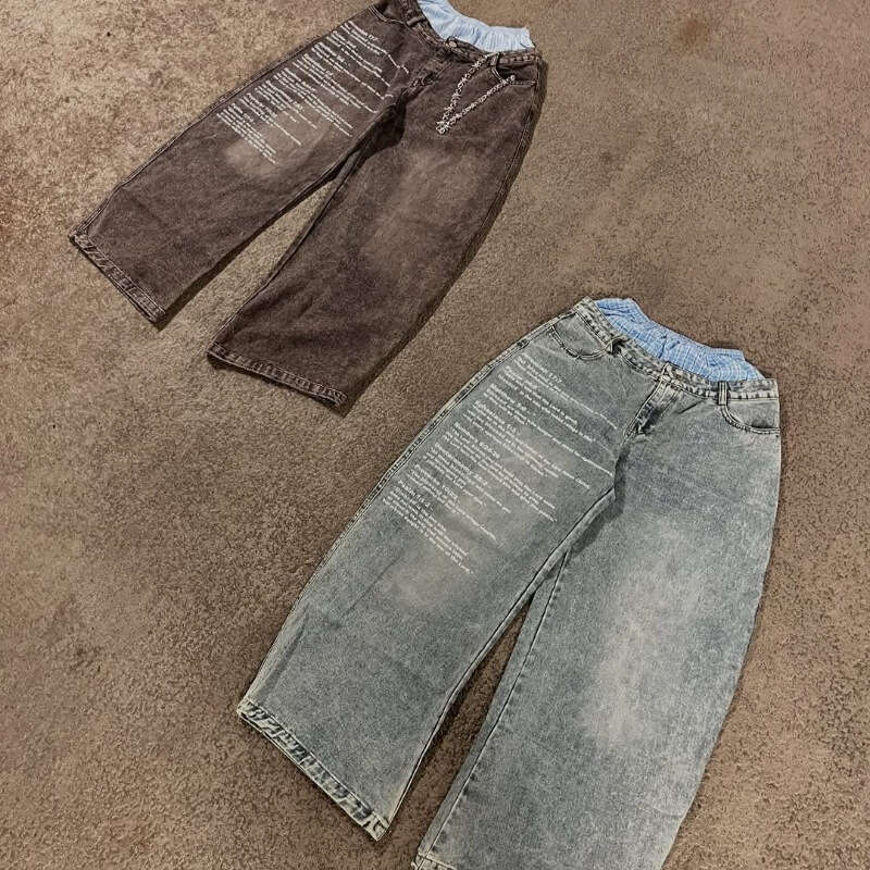 Y2K Harajuku Hip Hop Streetwear Loose Letter Print Double Waist Jeans Wide Leg Pants