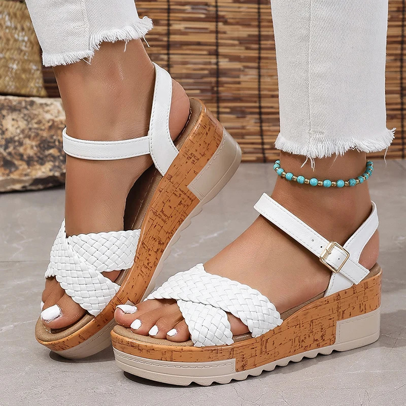 Womens Braided Platform Sandals 2025 Summer Chunky Wedges Gladiator Sandals Woman Ankle Straps Vacation Casual Beach Sandles 250605