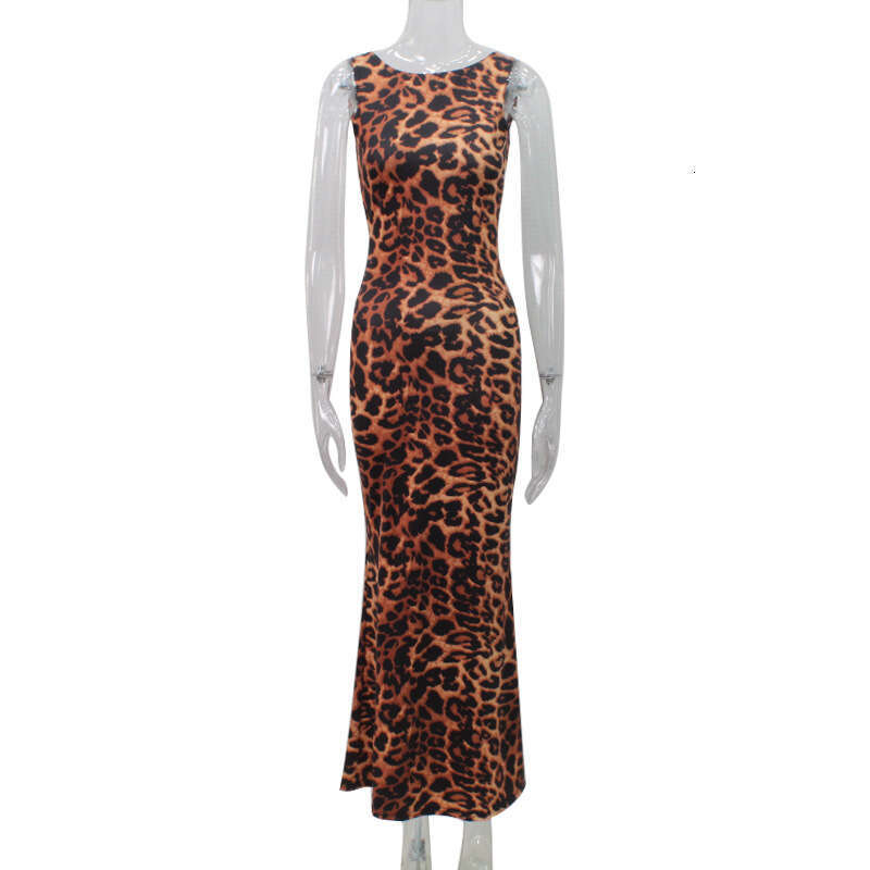 New Women's Round Neck Sleeveless Ruched Slim Fit Bodycon Evening Leopard Print Sexy Backless Long Dress B5