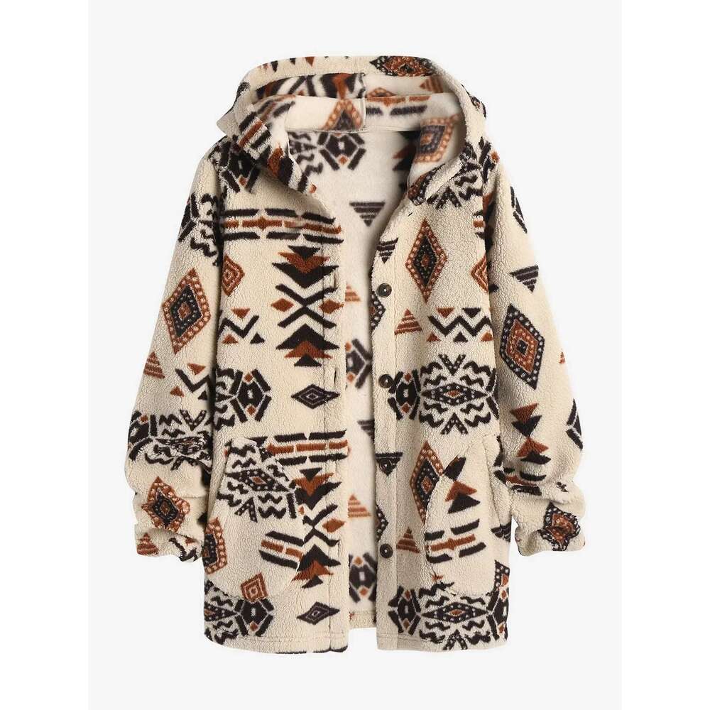 ZAFUL Women's Hooded Ethnic Style Pockets Long Tribal Geo Aztec Printed Fluffy Teddy Coat fur New coats outerwears 2024 Winter