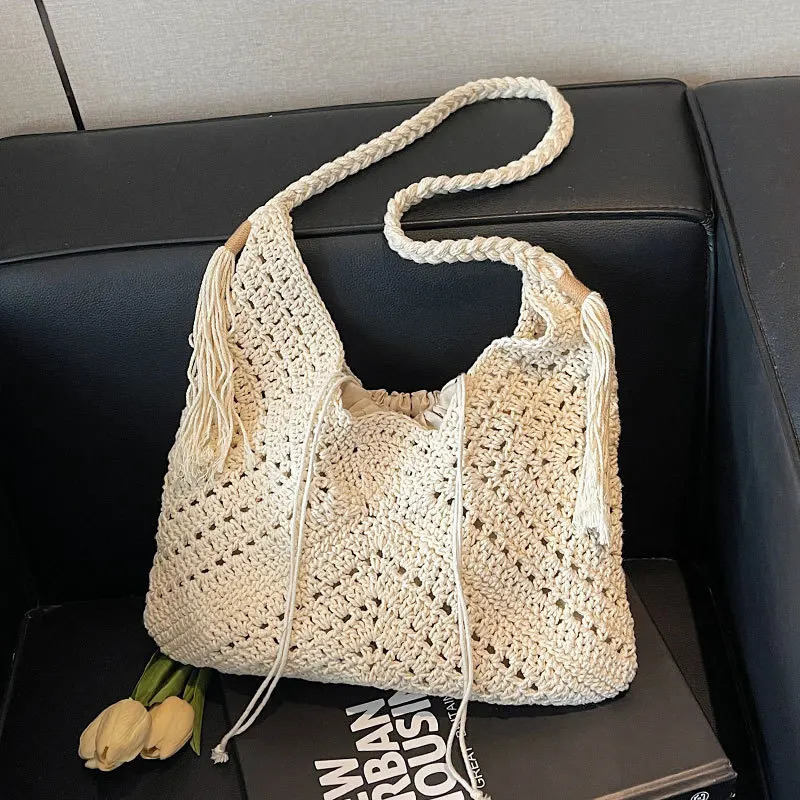 Crochet 2IN1 Shoulder Bag Set For Women Raffia Boho Rattan Summer Beach Vacation Tote Bags Knitted n Handbags Female 250605