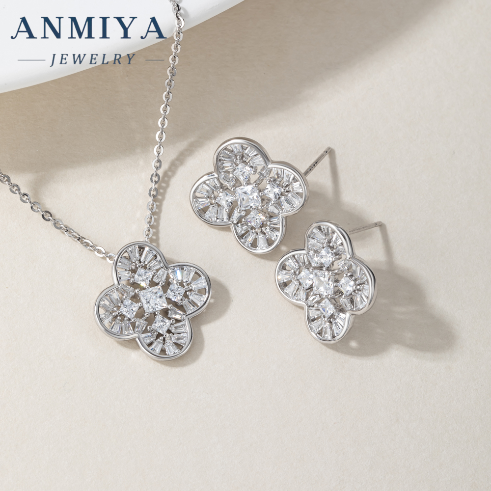 High End Rhodium Plated Zirconium Four Leaf Clover Set S925 Sterling Silver Necklace Earrings Set Jewelry